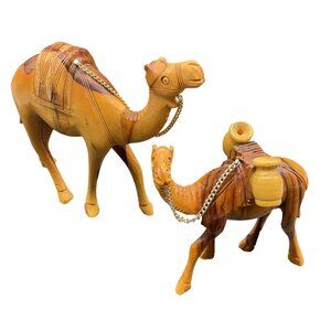 Hand-Carved Wood Camel Figurines Set Of 2 Chains & Saddle Detailing "7"H x 7"W